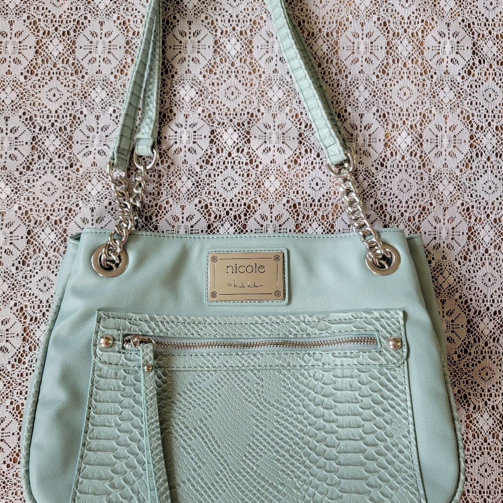 Minty blue faux snakeskin Nicole Miller purse